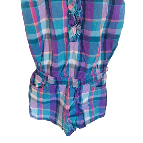 TOMMY HILFIGER Spaghetti Strap Plaid Short Romper With Pockets Purple Girl 6Y - Picture 5 of 10